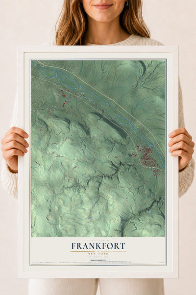 Frankfort, New York map print, 18" x 24" W/ White Ayous Wood Frame mockup