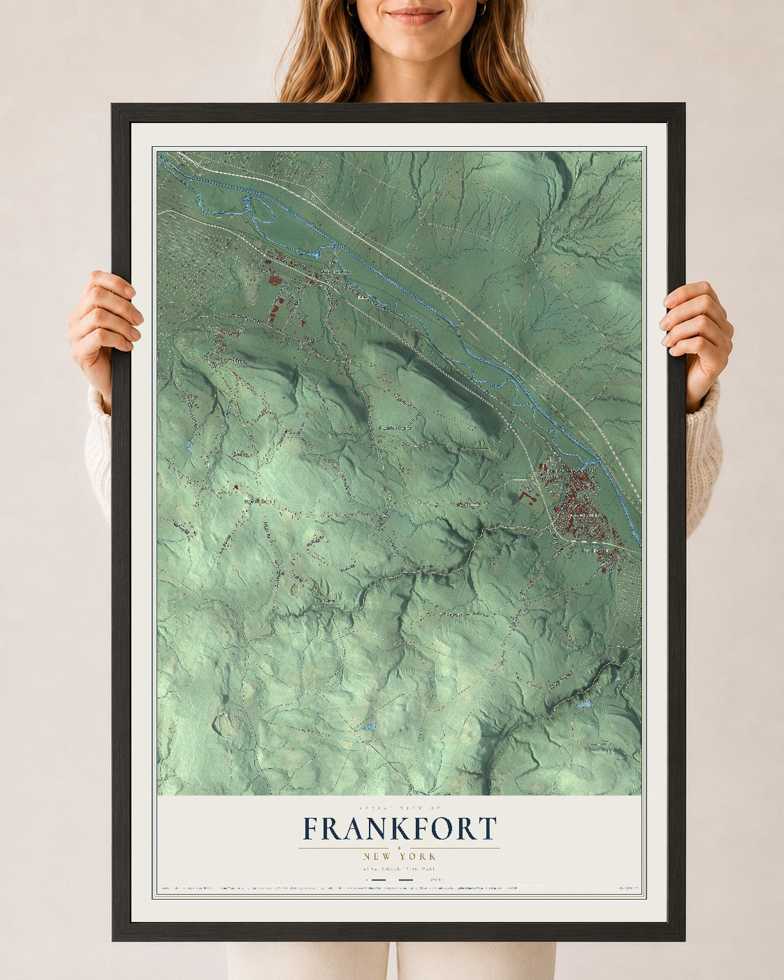 Frankfort, New York map print, 24" x 36" W/ Black Ayous Wood Frame mockup