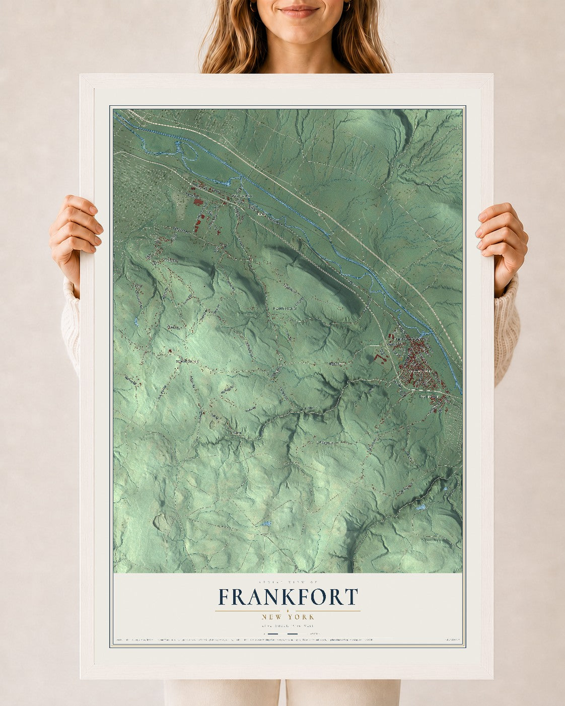 Frankfort, New York map print, 24" x 36" W/ White Ayous Wood Frame mockup