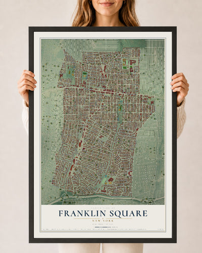 Franklin Square, New York map print, 24" x 36" W/ Black Ayous Wood Frame mockup