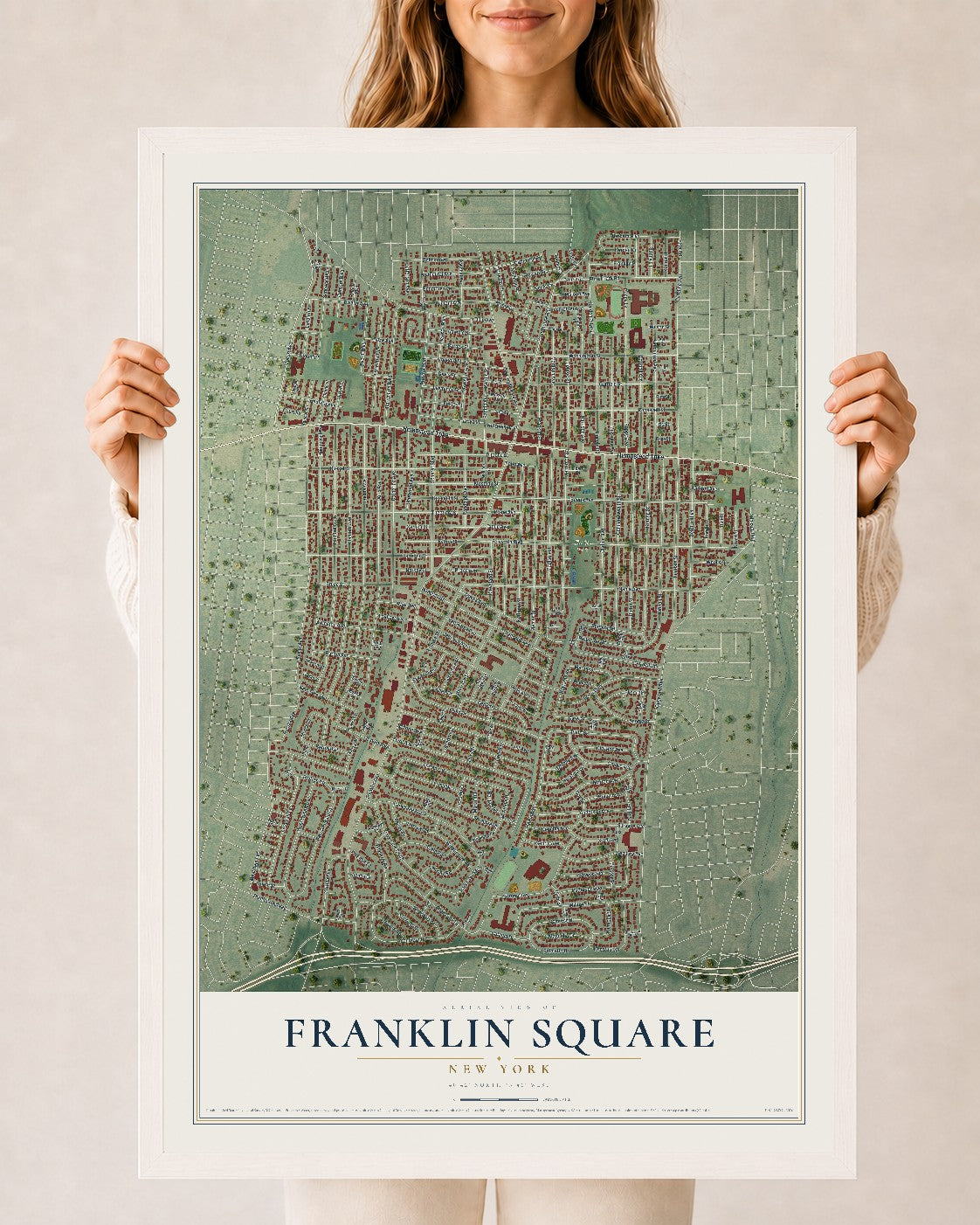 Franklin Square, New York map print, 24" x 36" W/ White Ayous Wood Frame mockup