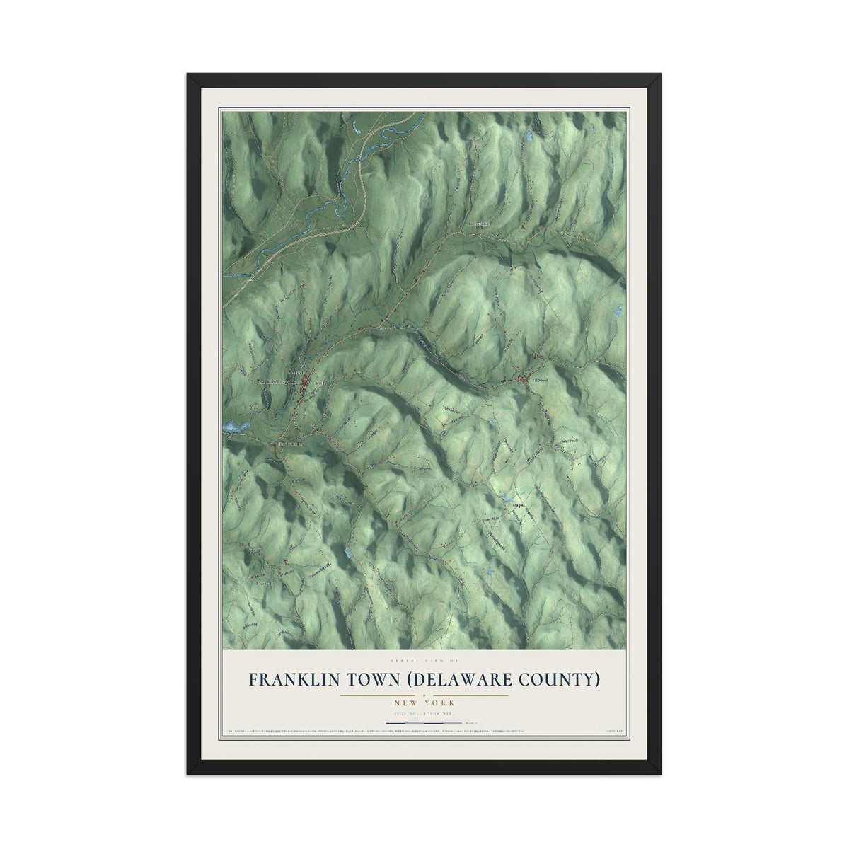 Franklin Town (Delaware County), New York map print, 12" x 18" W/ Black Ayous Wood Frame mockup