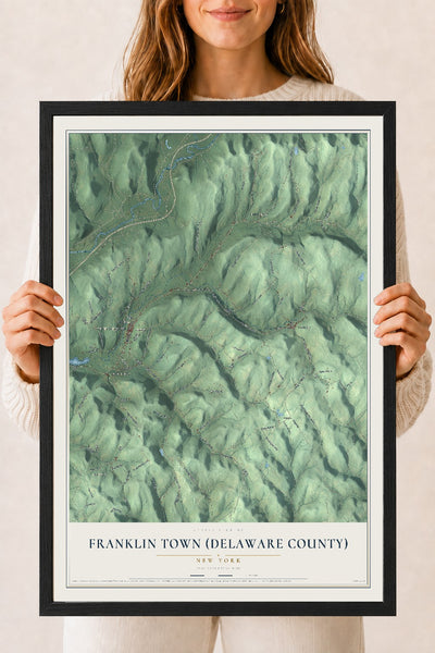 Franklin Town (Delaware County), New York map print, 18" x 24" W/ Black Ayous Wood Frame mockup