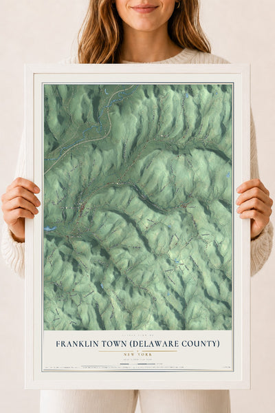 Franklin Town (Delaware County), New York map print, 18" x 24" W/ White Ayous Wood Frame mockup