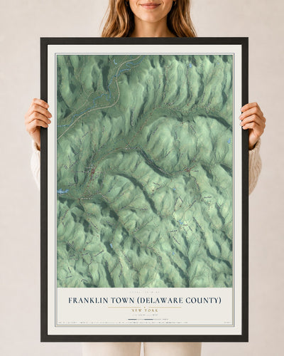 Franklin Town (Delaware County), New York map print, 24" x 36" W/ Black Ayous Wood Frame mockup