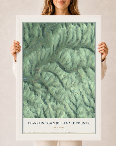 Franklin Town (Delaware County), New York map print, 24" x 36" W/ White Ayous Wood Frame mockup