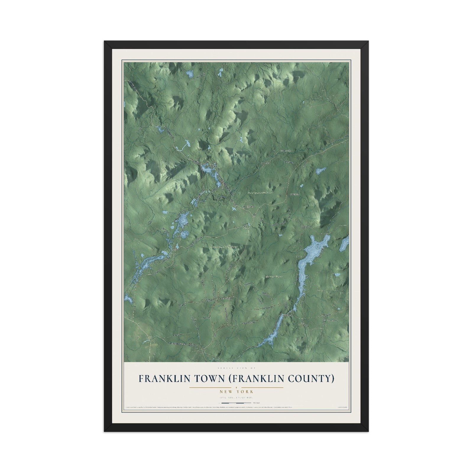 Franklin Town (Franklin County), New York map print, 12" x 18" W/ Black Ayous Wood Frame mockup
