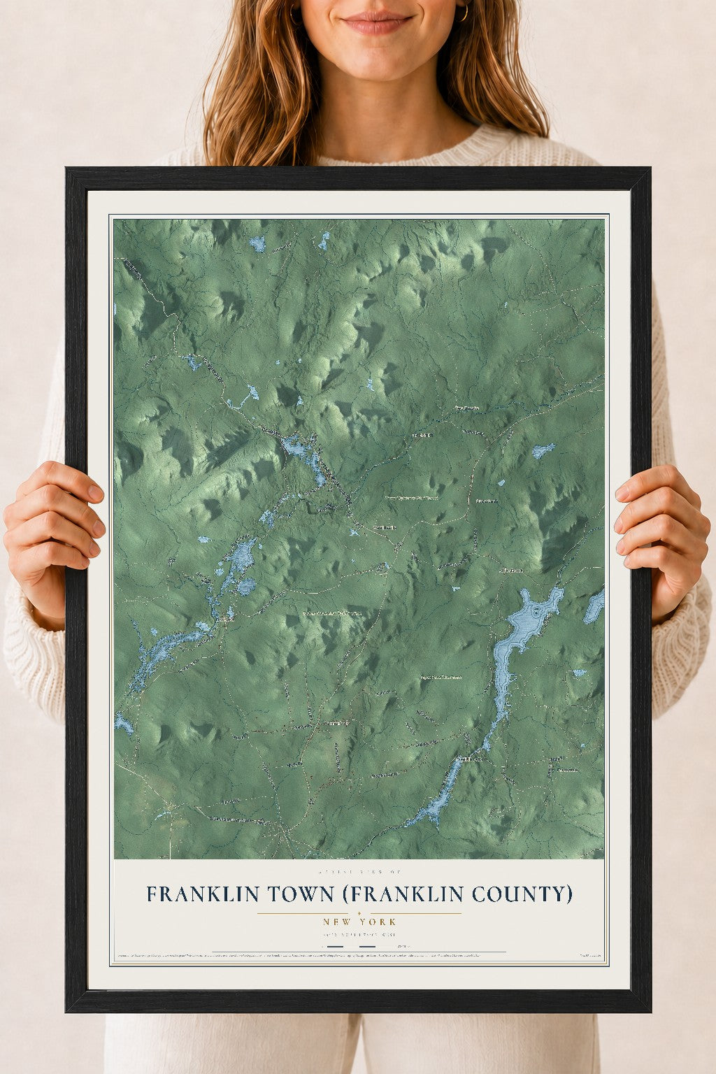 Franklin Town (Franklin County), New York map print, 18" x 24" W/ Black Ayous Wood Frame mockup