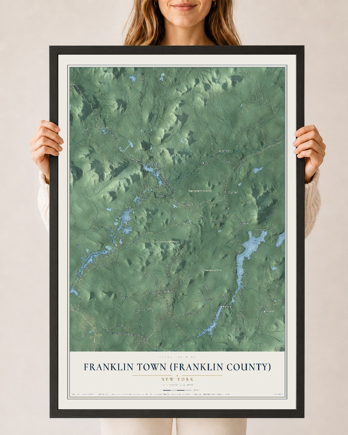 Franklin Town (Franklin County), New York map print, 24" x 36" W/ Black Ayous Wood Frame mockup