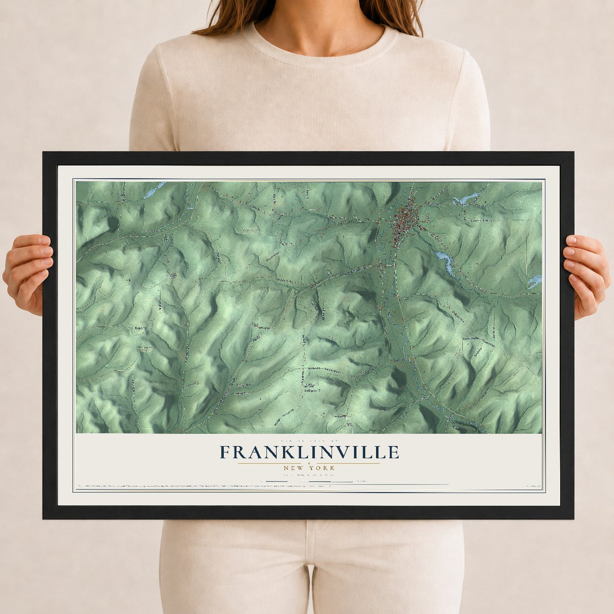 Franklinville, New York map print, 12" x 18" W/ Black Ayous Wood Frame mockup