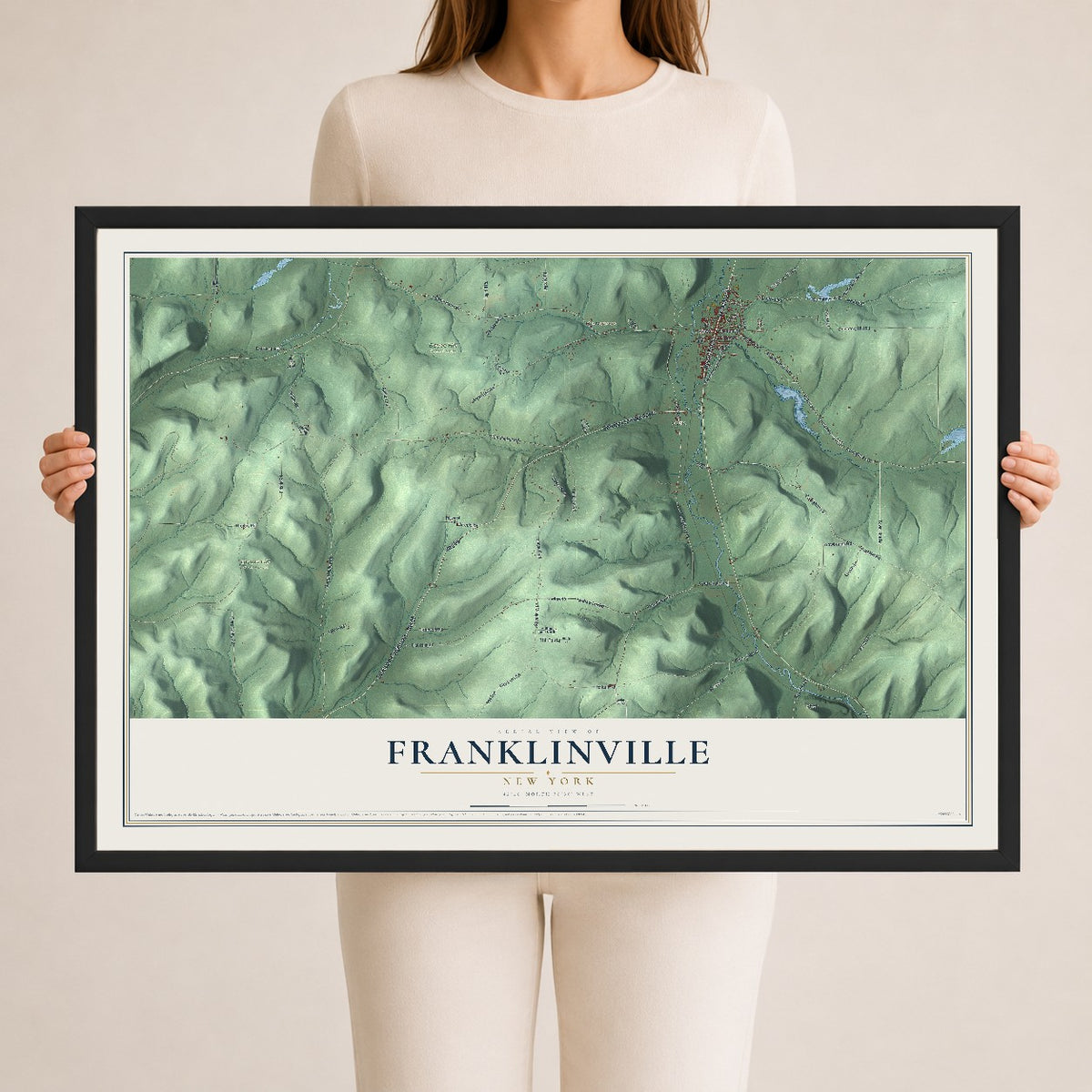 Franklinville, New York map print, 24" x 36" W/ Black Ayous Wood Frame mockup