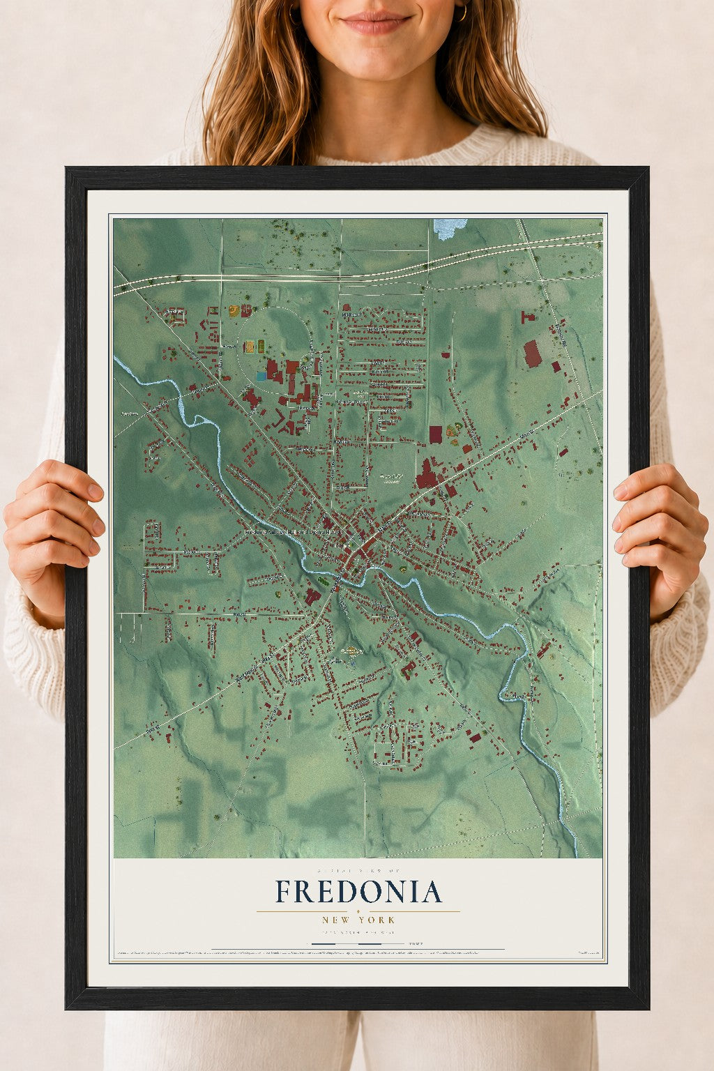 Fredonia, New York map print, 18" x 24" W/ Black Ayous Wood Frame mockup