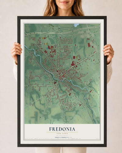 Fredonia, New York map print, 24" x 36" W/ Black Ayous Wood Frame mockup