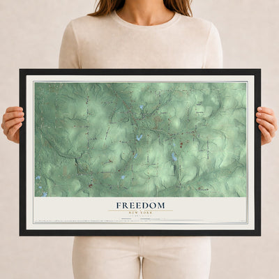 Freedom, New York map print, 12" x 18" W/ Black Ayous Wood Frame mockup