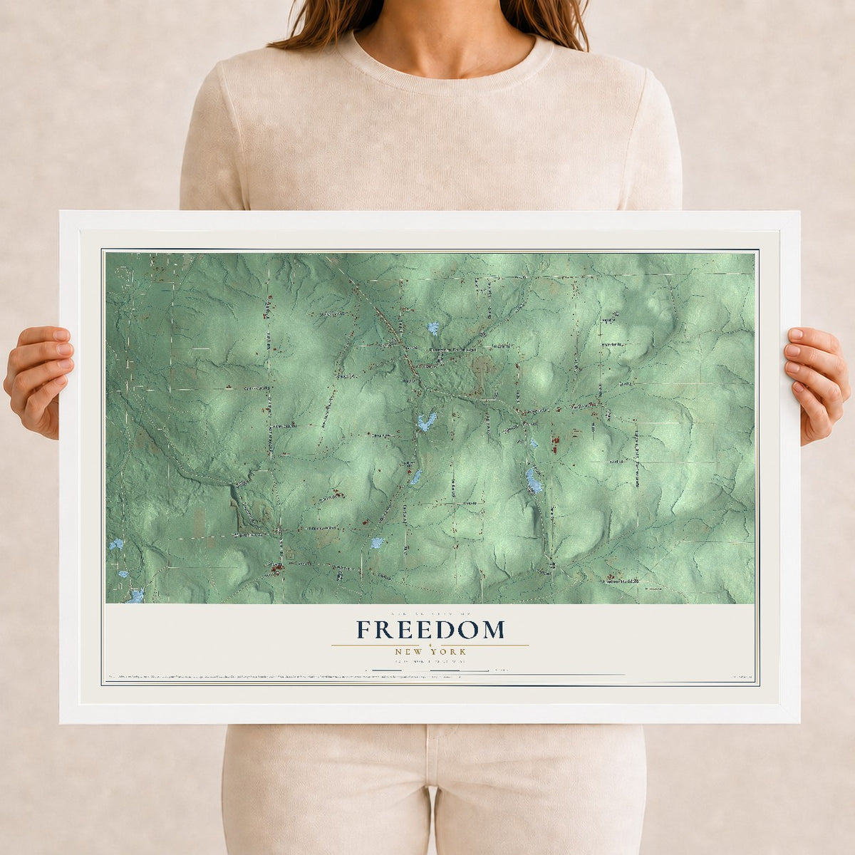Freedom, New York map print, 12" x 18" W/ White Ayous Wood Frame mockup