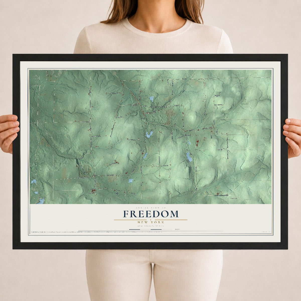 Freedom, New York map print, 18" x 24" W/ Black Ayous Wood Frame mockup