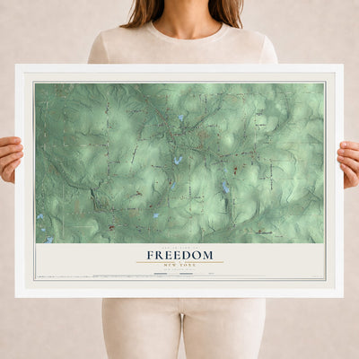 Freedom, New York map print, 18" x 24" W/ White Ayous Wood Frame mockup