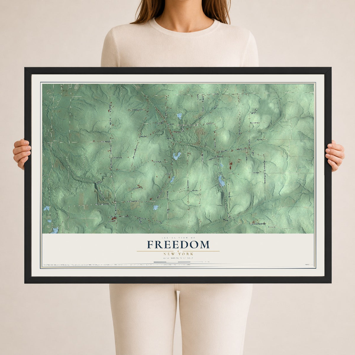 Freedom, New York map print, 24" x 36" W/ Black Ayous Wood Frame mockup