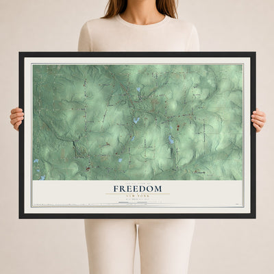 Freedom, New York map print, 24" x 36" W/ Black Ayous Wood Frame mockup