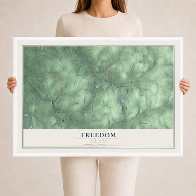 Freedom, New York map print, 24" x 36" W/ White Ayous Wood Frame mockup
