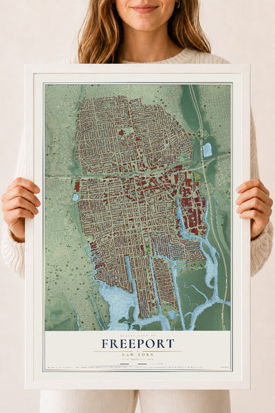 Freeport, New York map print, 18" x 24" W/ White Ayous Wood Frame mockup