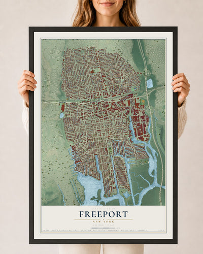 Freeport, New York map print, 24" x 36" W/ Black Ayous Wood Frame mockup