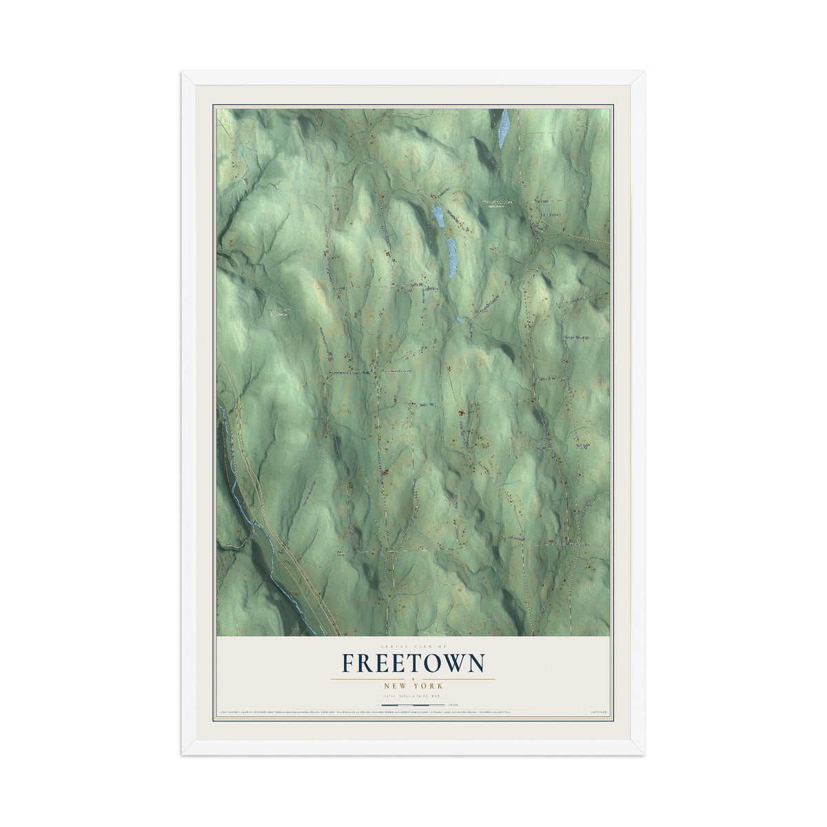 Freetown, New York map print, 12" x 18" W/ White Ayous Wood Frame mockup