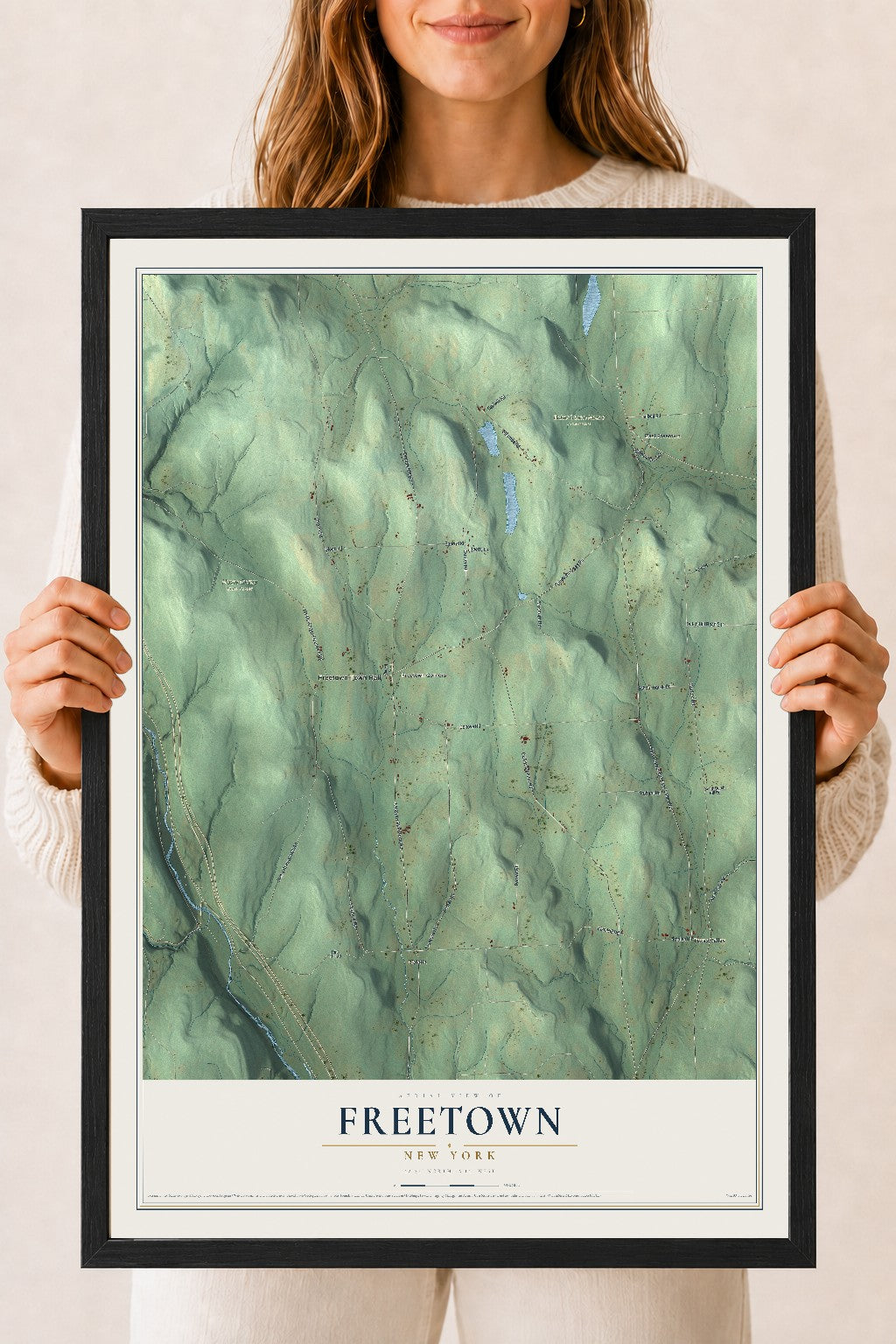 Freetown, New York map print, 18" x 24" W/ Black Ayous Wood Frame mockup