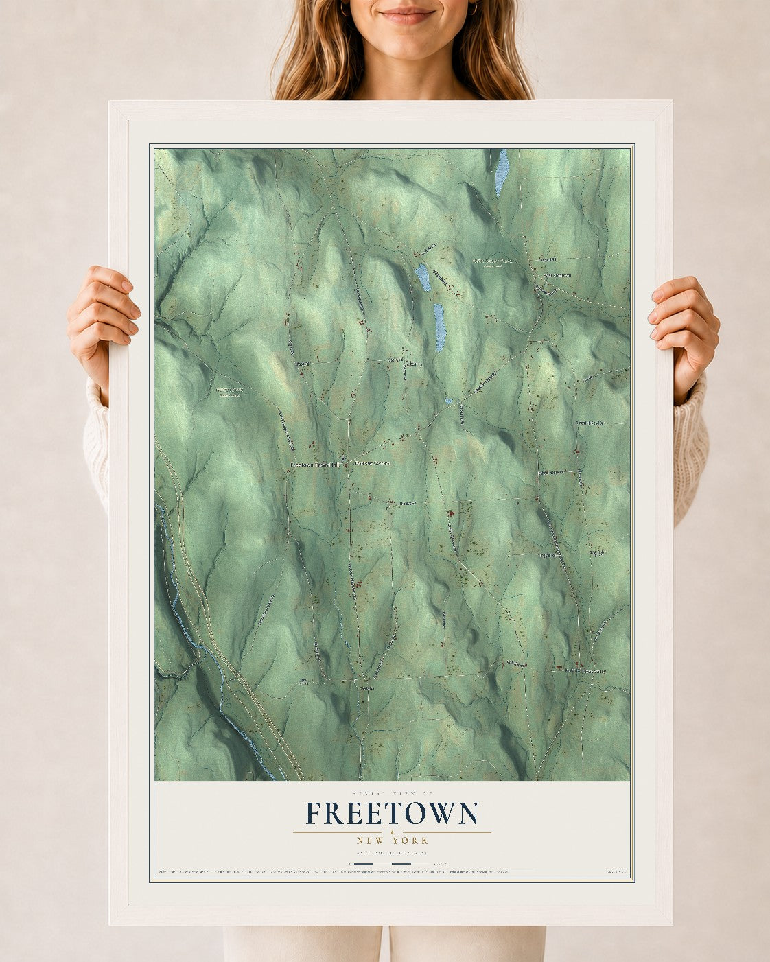 Freetown, New York map print, 24" x 36" W/ White Ayous Wood Frame mockup