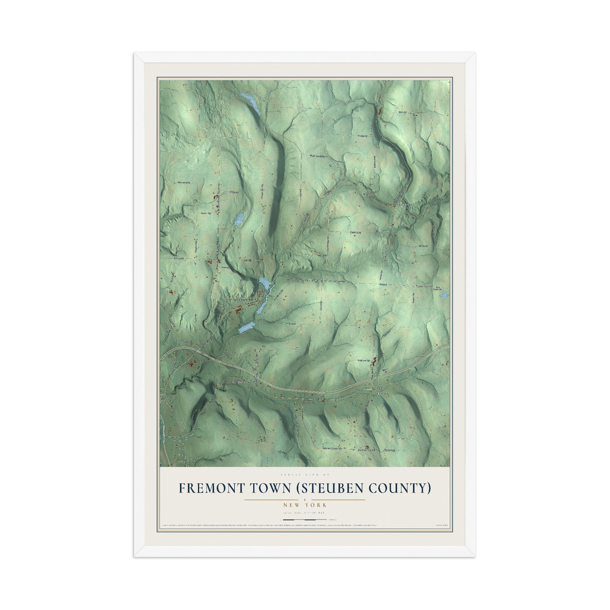 Fremont Town (Steuben County), New York map print, 12" x 18" W/ White Ayous Wood Frame mockup