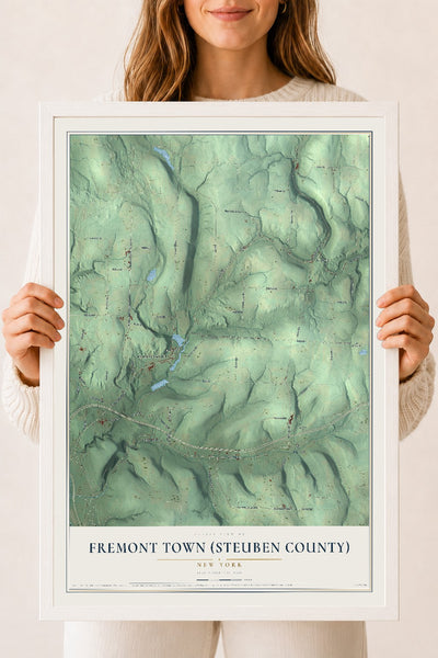 Fremont Town (Steuben County), New York map print, 18" x 24" W/ White Ayous Wood Frame mockup