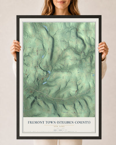Fremont Town (Steuben County), New York map print, 24" x 36" W/ Black Ayous Wood Frame mockup