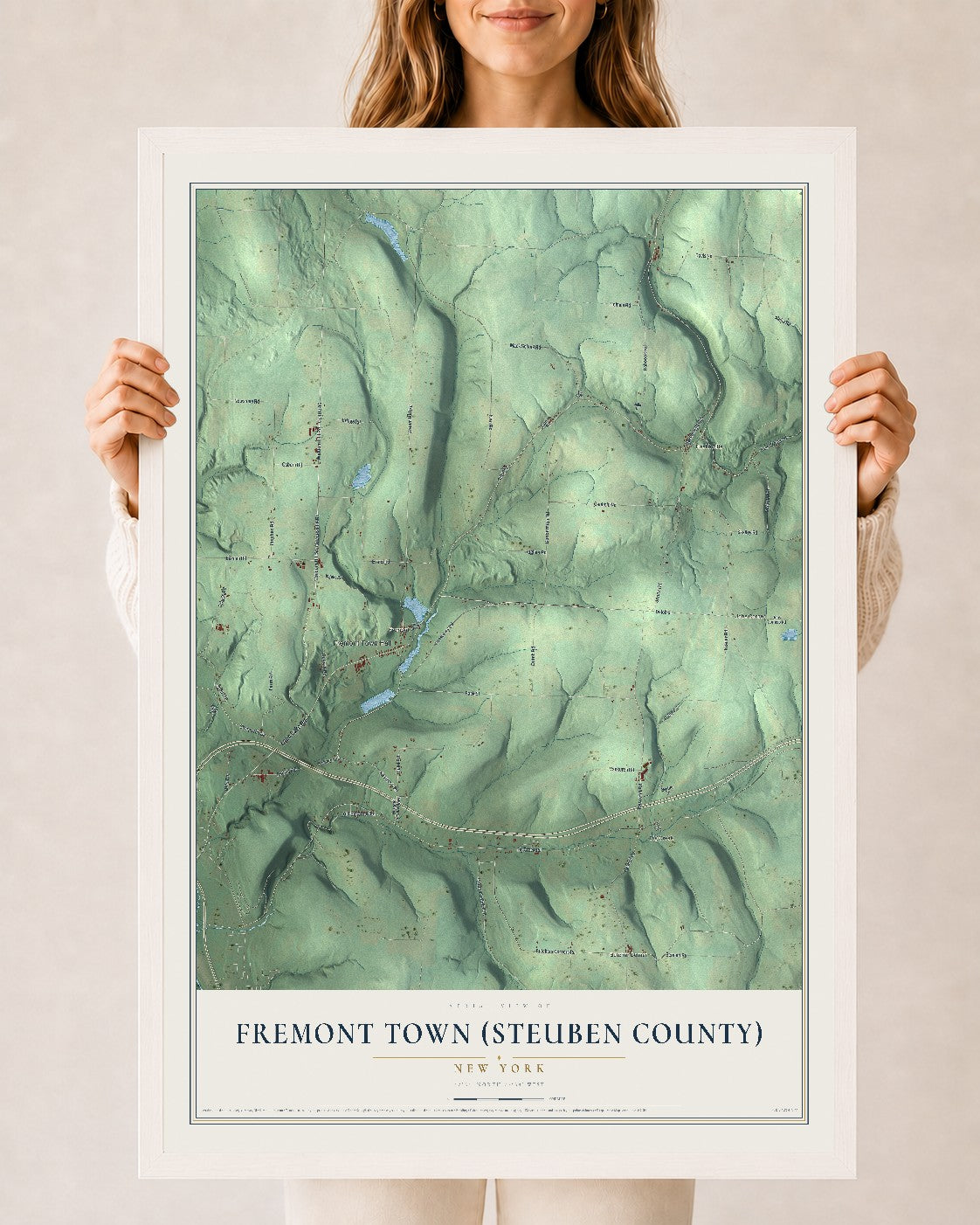Fremont Town (Steuben County), New York map print, 24" x 36" W/ White Ayous Wood Frame mockup
