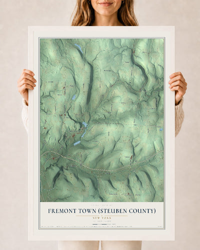 Fremont Town (Steuben County), New York map print, 24" x 36" W/ White Ayous Wood Frame mockup