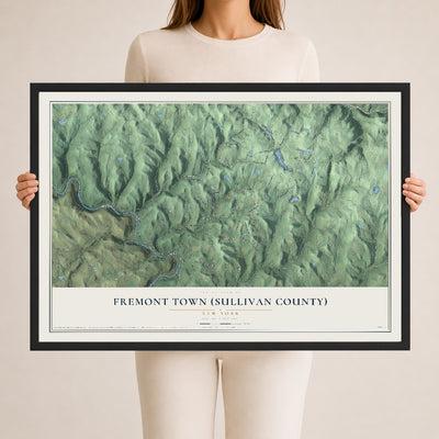 Fremont Town (Sullivan County), New York map print, 24" x 36" W/ Black Ayous Wood Frame mockup