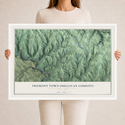 Fremont Town (Sullivan County), New York map print, 24" x 36" W/ White Ayous Wood Frame mockup