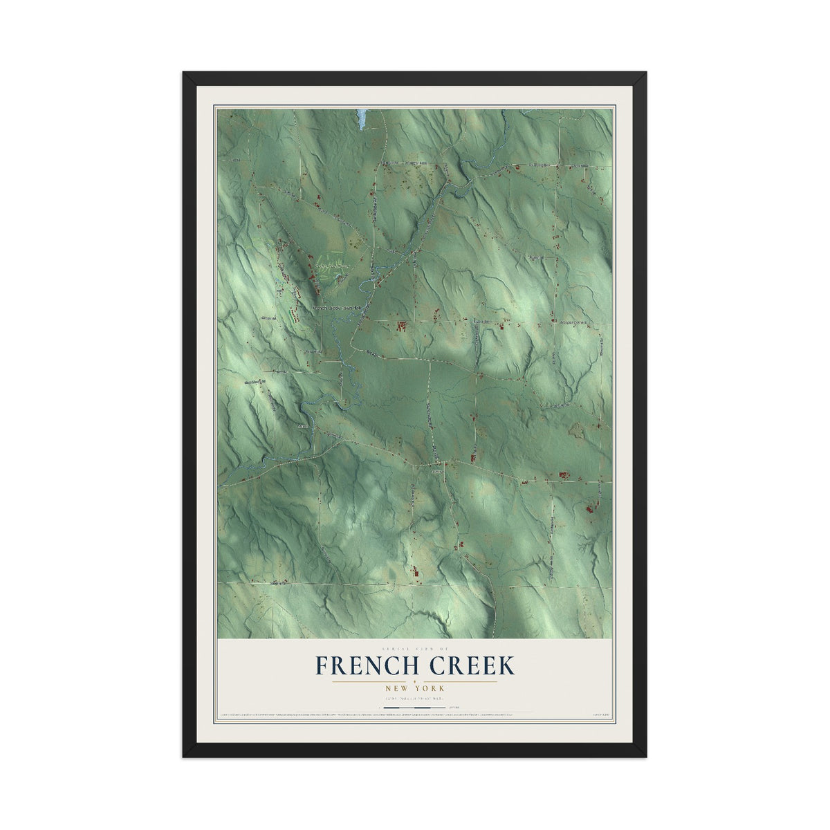 French Creek, New York map print, 12" x 18" W/ Black Ayous Wood Frame mockup
