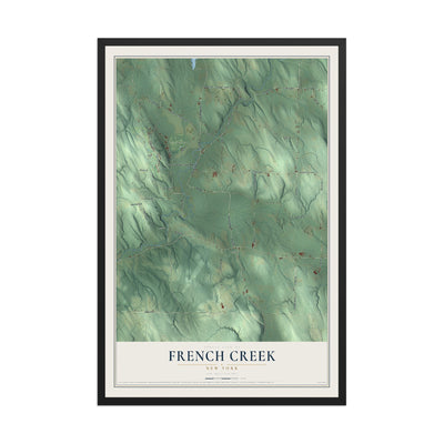 French Creek, New York map print, 12" x 18" W/ Black Ayous Wood Frame mockup