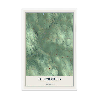 French Creek, New York map print, 12" x 18" W/ White Ayous Wood Frame mockup