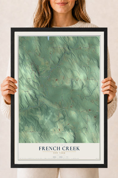French Creek, New York map print, 18" x 24" W/ Black Ayous Wood Frame mockup
