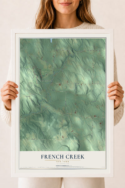French Creek, New York map print, 18" x 24" W/ White Ayous Wood Frame mockup