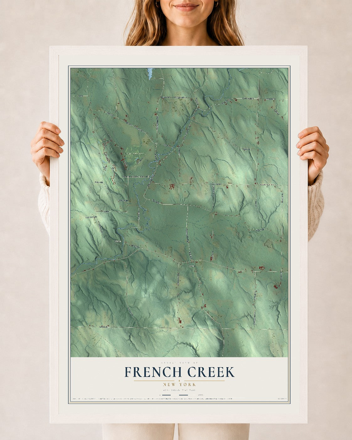 French Creek, New York map print, 24" x 36" W/ White Ayous Wood Frame mockup