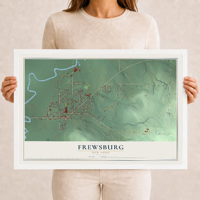 Frewsburg, New York map print, 12" x 18" W/ White Ayous Wood Frame mockup