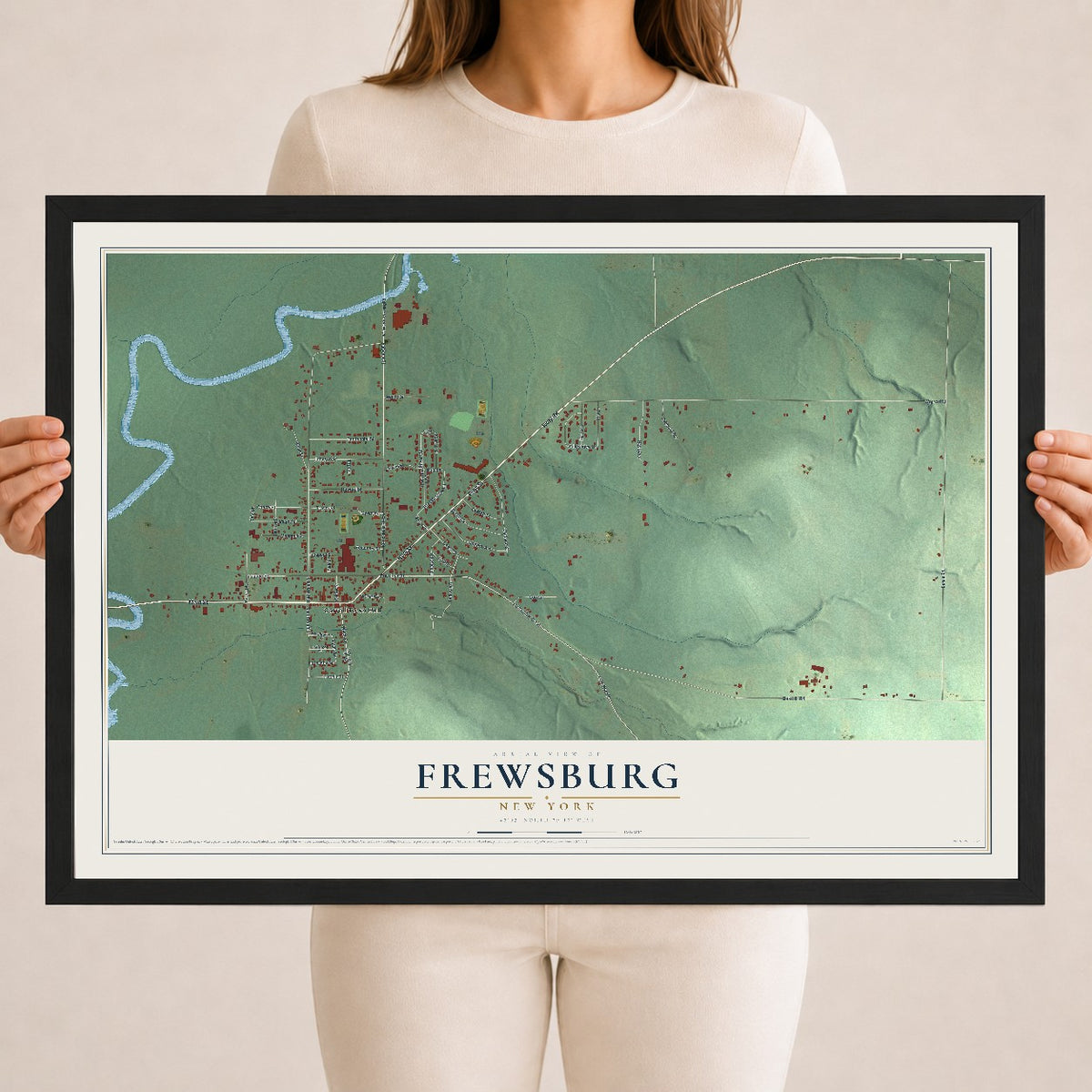 Frewsburg, New York map print, 18" x 24" W/ Black Ayous Wood Frame mockup
