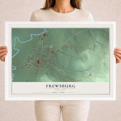 Frewsburg, New York map print, 18" x 24" W/ White Ayous Wood Frame mockup