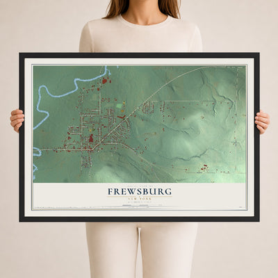 Frewsburg, New York map print, 24" x 36" W/ Black Ayous Wood Frame mockup