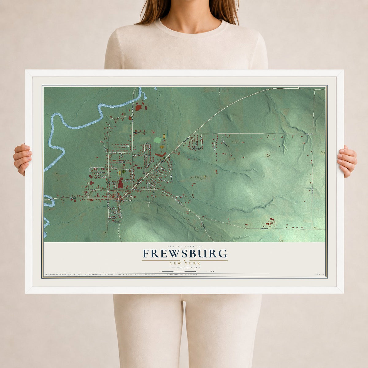 Frewsburg, New York map print, 24" x 36" W/ White Ayous Wood Frame mockup