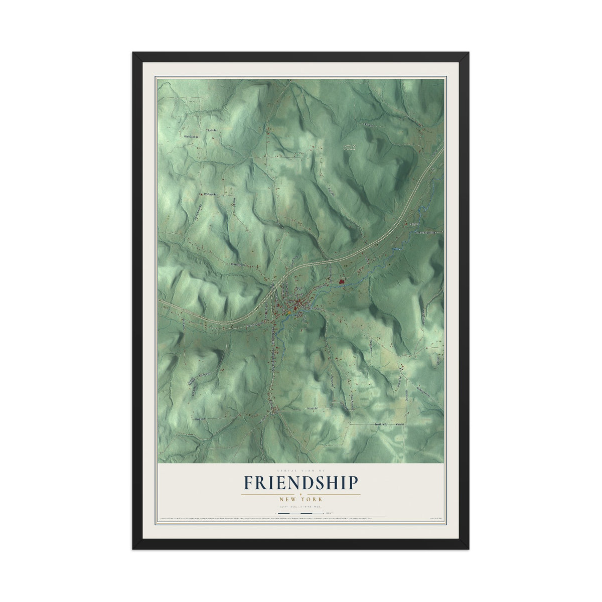 Friendship, New York map print, 12" x 18" W/ Black Ayous Wood Frame mockup