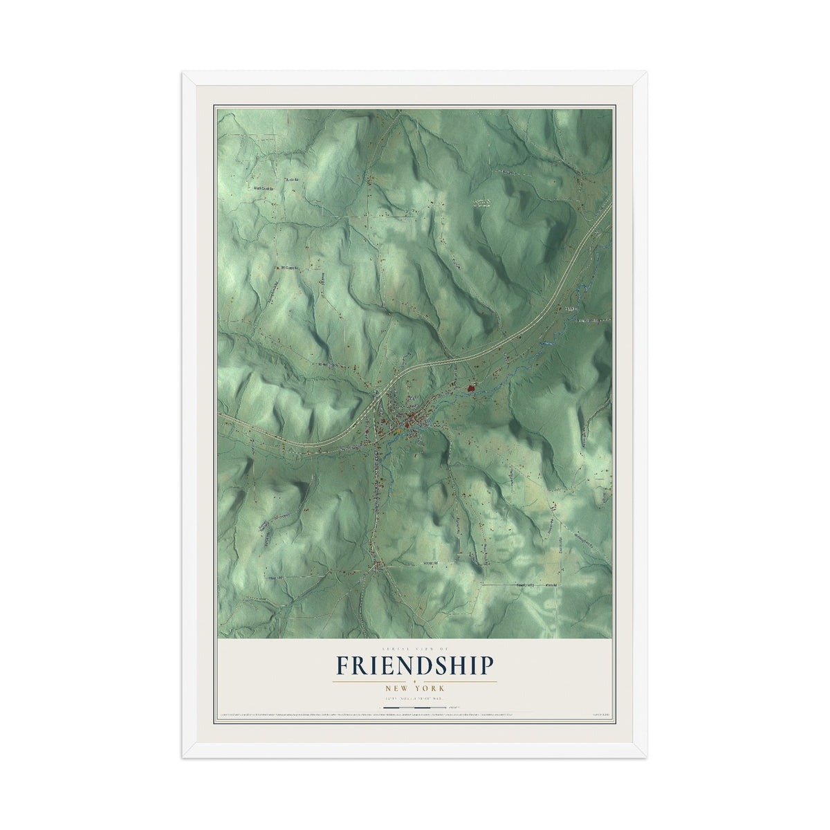 Friendship, New York map print, 12" x 18" W/ White Ayous Wood Frame mockup