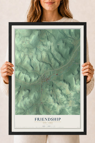 Friendship, New York map print, 18" x 24" W/ Black Ayous Wood Frame mockup